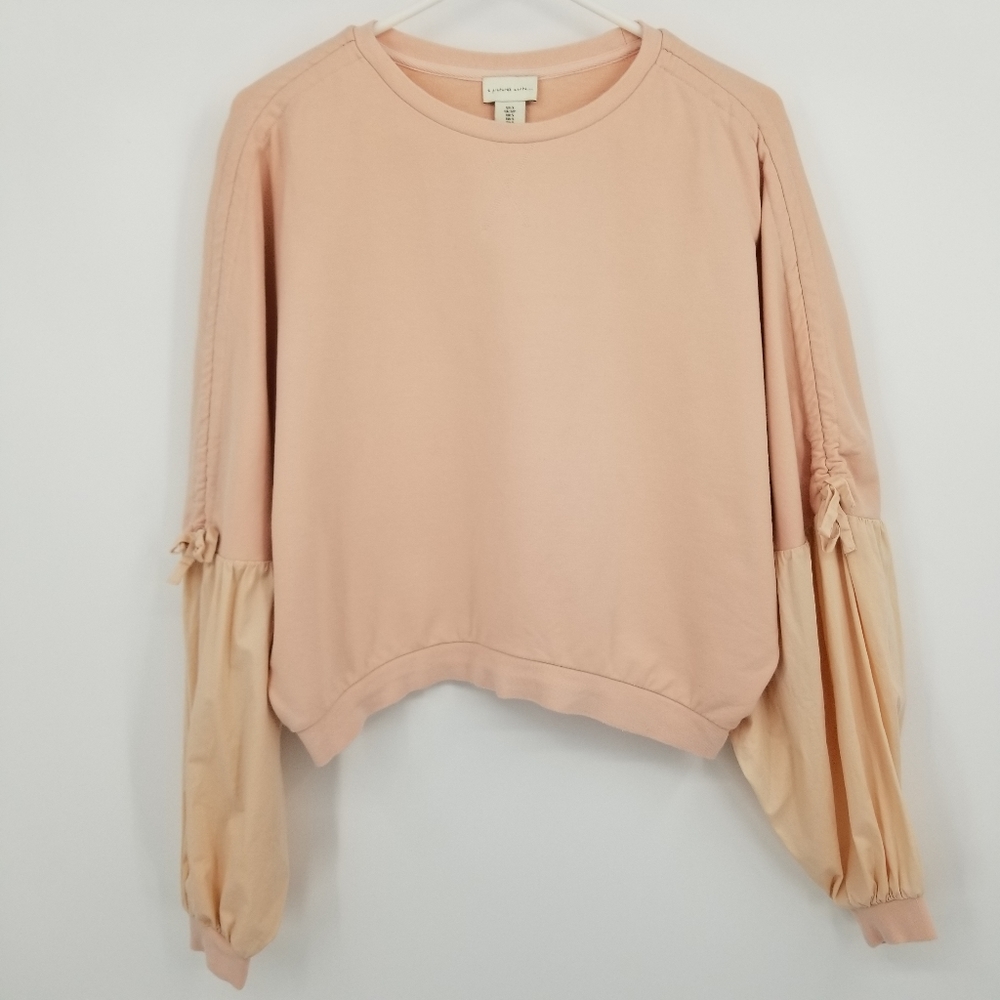A‎ Pictures Worth Peach Mixed Media Balloon Sleeve Bow Cropped Sweatshirt M Boho